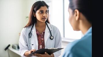 bijgesneden beeld van vrouw dokter Holding klembord en verpleegster of geduldig in ziekenhuis of kliniek. generatief ai. foto