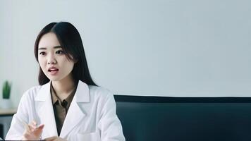detailopname portret van Aziatisch vrouw dokter Bij werkplaats in ziekenhuis, generatief ai. foto