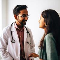 bijgesneden beeld van mannetje dokter pratend met vrouw geduldig of collega in ziekenhuis, generatief ai. foto