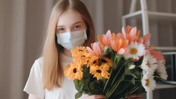 detailopname portret van blond haar- tiener- meisje vervelend masker en Holding bloemen boeket, generatief ai. foto