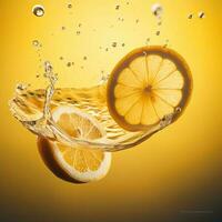 plakjes van citroen drijft in water tegen geel achtergrond, generatief ai technologie. foto