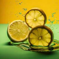 realistisch citroen en limoen plakjes spatten in water Aan geel en groen achtergrond, generatief ai technologie. foto