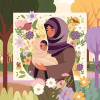 mooi beeld van Islamitisch dame lappen haar dochter en staand Aan bloemen tuin. generatief ai foto