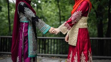 bijgesneden beeld van lief jong Islamitisch meisjes Holding handen Aan brug Bij natuur achtergrond. generatief ai. foto