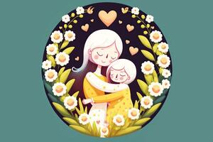 een mooi beeld van liefhebbend moeder knuffelen haar dochter in bloemen circulaire kader of achtergrond. moeder dag ontwerp gemaakt door generatief ai. foto