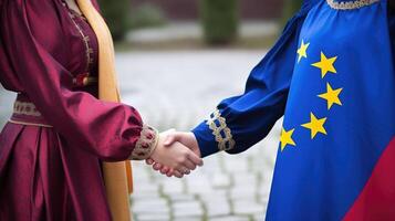 vriendelijk of gewoontjes handdruk tussen multicultureel Dames met EU vlag. generatief ai. foto