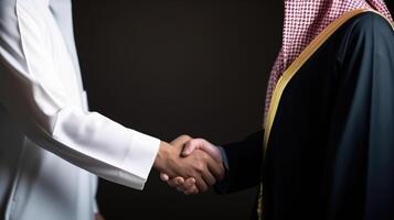 bijgesneden beeld van bedrijf handdruk tussen twee Arabisch mannen in hun traditioneel kleding. generatief ai. foto