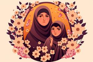 illustratie van mooi Arabisch vrouw met haar dochter in hijaab, bloemen versierd Aan achtergrond. concept van moeder dag. gemaakt door generatief ai technologie. foto