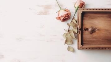 wijnoogst houten doos en droog roos bloemen Aan wit plank structuur tafel bovenkant, generatief ai. foto
