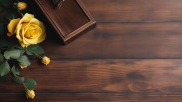 top visie detailopname van geel roos bloemen en wijnoogst houten doos Aan plank structuur tafel. generatief ai. foto