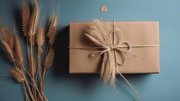 top visie van rustiek stijl Ingepakt geschenk doos, jute draad bal, gouden droog gras Aan wit achtergrond. generatief ai. foto