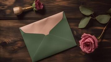 groet kaart envelop mockup en roos bloemen Aan houten tafel top. generatief ai. foto