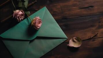 groen envelop mockup en roos bloemen Aan houten tafel top. generatief ai. foto