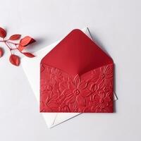 aangepast rood bloemen reliëf luxe bruiloft of evenement kaart, envelop gemaakt door generatief ai. foto
