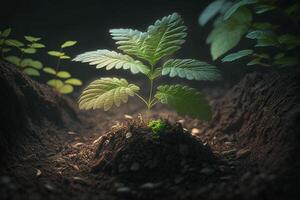 fabriek groeit in boerderij grond of Woud met zonlicht Bij dag. jong fabriek is groeien. wereld aarde dag. wereld milieu dag. aarde behoud, ecologie of globaal opwarming door ai gegenereerd foto