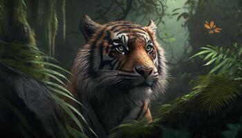 majestueus Chinese tijger roamen door de oerwoud ai gegenereerd foto