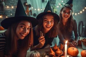 tieners vrienden in kostuums vieren en hebben pret Bij halloween feest. jong mensen Bij kostuums partij halloween viering concept door ai gegenereerd foto