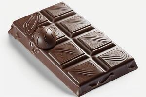 beeld van dichtbij omhoog van een heerlijk smelten chocola bar geïsoleerd Aan wit achtergrond. voor chocola festival, voedsel, zoet nagerecht, Valentijnsdag dag of chocola dag door ai gegenereerd foto