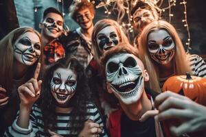 tieners vrienden in kostuums vieren en hebben pret Bij halloween feest. jong mensen Bij kostuums partij halloween viering concept door ai gegenereerd foto