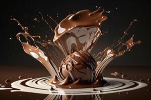 een heerlijk smelten chocola plons in een realistisch stijl. heet chocola, cacao of koffie plons. smakelijk chocola vloeistof plons. chocola saus kroon plons. voor chocola dag toetje door ai gegenereerd foto