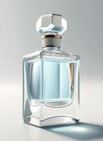 een hoog klasse fles van glas parfum met licht blauw vloeistof. aromatisch parfum flessen Aan wit achtergrond. schoonheid Product, kunstmatig, parfum dag, geur dag of parfum lancering evenement door ai gegenereerd foto