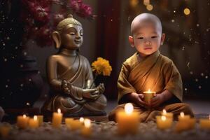 een jong Boeddha zit in een tuin met een lotus en kaarsen. achtergrond voor vesak festival viering. vesak dag concept. vesak viering dag groeten door ai gegenereerd foto