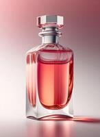 een hoog klasse fles van glas parfum met licht rood vloeistof. aromatisch parfum flessen Aan wit achtergrond. schoonheid Product, kunstmatig, parfum dag, geur dag of parfum lancering evenement door ai gegenereerd foto