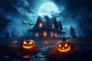 achtervolgd huis Aan halloween viering concept. spookachtig huis halloween achtergrond met uitgestorven gebouw en pompoen. eng huis met griezelig gebouw Bij nacht door ai gegenereerd foto