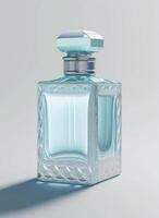 een hoog klasse fles van glas parfum met licht blauw vloeistof. aromatisch parfum flessen Aan wit achtergrond. schoonheid Product, kunstmatig, parfum dag, geur dag of parfum lancering evenement door ai gegenereerd foto