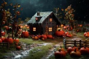 achtervolgd huis Aan halloween viering concept. spookachtig huis halloween achtergrond met uitgestorven gebouw en pompoen. eng huis met griezelig gebouw Bij nacht door ai gegenereerd foto