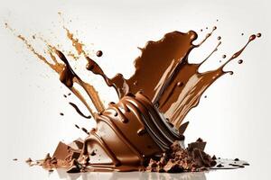 een heerlijk smelten chocola plons in een realistisch stijl. heet chocola, cacao of koffie plons. smakelijk chocola vloeistof plons. chocola saus kroon plons. voor chocola dag toetje door ai gegenereerd foto
