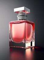 een hoog klasse fles van glas parfum met licht rood vloeistof. aromatisch parfum flessen Aan wit achtergrond. schoonheid Product, kunstmatig, parfum dag, geur dag of parfum lancering evenement door ai gegenereerd foto