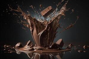 een heerlijk smelten chocola plons in een realistisch stijl. heet chocola, cacao of koffie plons. smakelijk chocola vloeistof plons. chocola saus kroon plons. voor chocola dag toetje door ai gegenereerd foto