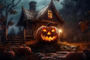 eng pompoen en huis in nacht van vol maan Aan halloween viering concept. spookachtig halloween achtergrond met pompoen. vuil huis en pompoen Aan halloween viering concept door ai gegenereerd foto