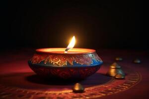 gelukkig diwali of deepavali traditioneel Indisch festival met klei diya olie lamp. Indisch Hindoe festival van licht symbool met kaars en licht. klei diya lamp lit gedurende diwali viering door ai gegenereerd foto