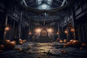 achtervolgd huis Aan halloween viering concept. spookachtig huis halloween achtergrond met uitgestorven gebouw en pompoen. eng huis met griezelig gebouw Bij nacht door ai gegenereerd foto