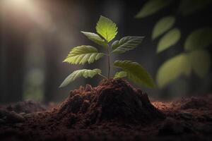 fabriek groeit in boerderij grond of Woud met zonlicht Bij dag. jong fabriek is groeien. wereld aarde dag. wereld milieu dag. aarde behoud, ecologie of globaal opwarming door ai gegenereerd foto