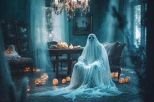 menselijk in spookachtig geesten kostuum vliegend binnen de oud huis of Woud Bij nacht. spookachtig halloween achtergrond met geest. geest Aan halloween viering concept door ai gegenereerd foto