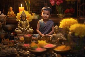 een jong Boeddha zit in een tuin met een lotus en kaarsen. achtergrond voor vesak festival viering. vesak dag concept. vesak viering dag groeten door ai gegenereerd foto