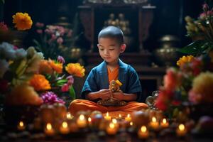 een jong Boeddha zit in een tuin met een lotus en kaarsen. achtergrond voor vesak festival viering. vesak dag concept. vesak viering dag groeten door ai gegenereerd foto