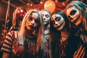 tieners vrienden in kostuums vieren en hebben pret Bij halloween feest. jong mensen Bij kostuums partij halloween viering concept door ai gegenereerd foto