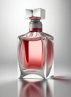 een hoog klasse fles van glas parfum met licht rood vloeistof. aromatisch parfum flessen Aan wit achtergrond. schoonheid Product, kunstmatig, parfum dag, geur dag of parfum lancering evenement door ai gegenereerd foto