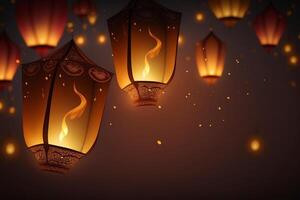 gelukkig diwali of deepavali traditioneel Indisch festival met lamp of lucht lantaarn. Indisch Hindoe festival van licht met lamp of licht. nacht lucht drijvend lantaarns gedurende diwali viering door ai gegenereerd foto