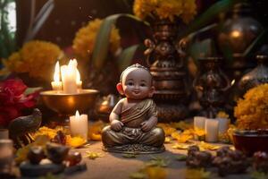 een Boeddha zit in een tuin met een lotus en kaarsen. achtergrond voor vesak festival viering. vesak dag concept. vesak viering dag groeten door ai gegenereerd foto