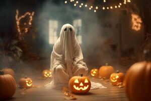 menselijk in spookachtig geesten kostuum vliegend binnen de oud huis of Woud Bij nacht. spookachtig halloween achtergrond met geest. geest Aan halloween viering concept door ai gegenereerd foto