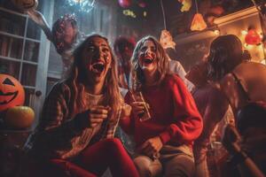 tieners vrienden in kostuums vieren en hebben pret Bij halloween feest. jong mensen Bij kostuums partij halloween viering concept door ai gegenereerd foto