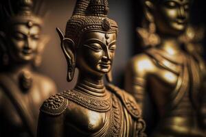 een Thais Boeddha standbeeld zit en mediteren Bij boeddhistisch tempel. oude Thailand Boeddha gezicht. achtergrond voor vesak festival viering. vesak dag concept. vesak viering dag groeten door ai gegenereerd foto