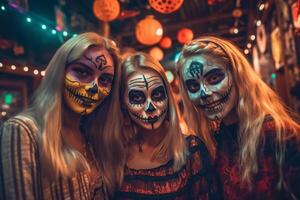 tieners vrienden in kostuums vieren en hebben pret Bij halloween feest. jong mensen Bij kostuums partij halloween viering concept door ai gegenereerd foto