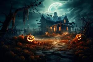 achtervolgd huis Aan halloween viering concept. spookachtig huis halloween achtergrond met uitgestorven gebouw en pompoen. eng huis met griezelig gebouw Bij nacht door ai gegenereerd foto