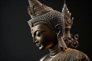 een Thais Boeddha standbeeld zit en mediteren Bij boeddhistisch tempel. oude Thailand Boeddha gezicht. achtergrond voor vesak festival viering. vesak dag concept. vesak viering dag groeten door ai gegenereerd foto